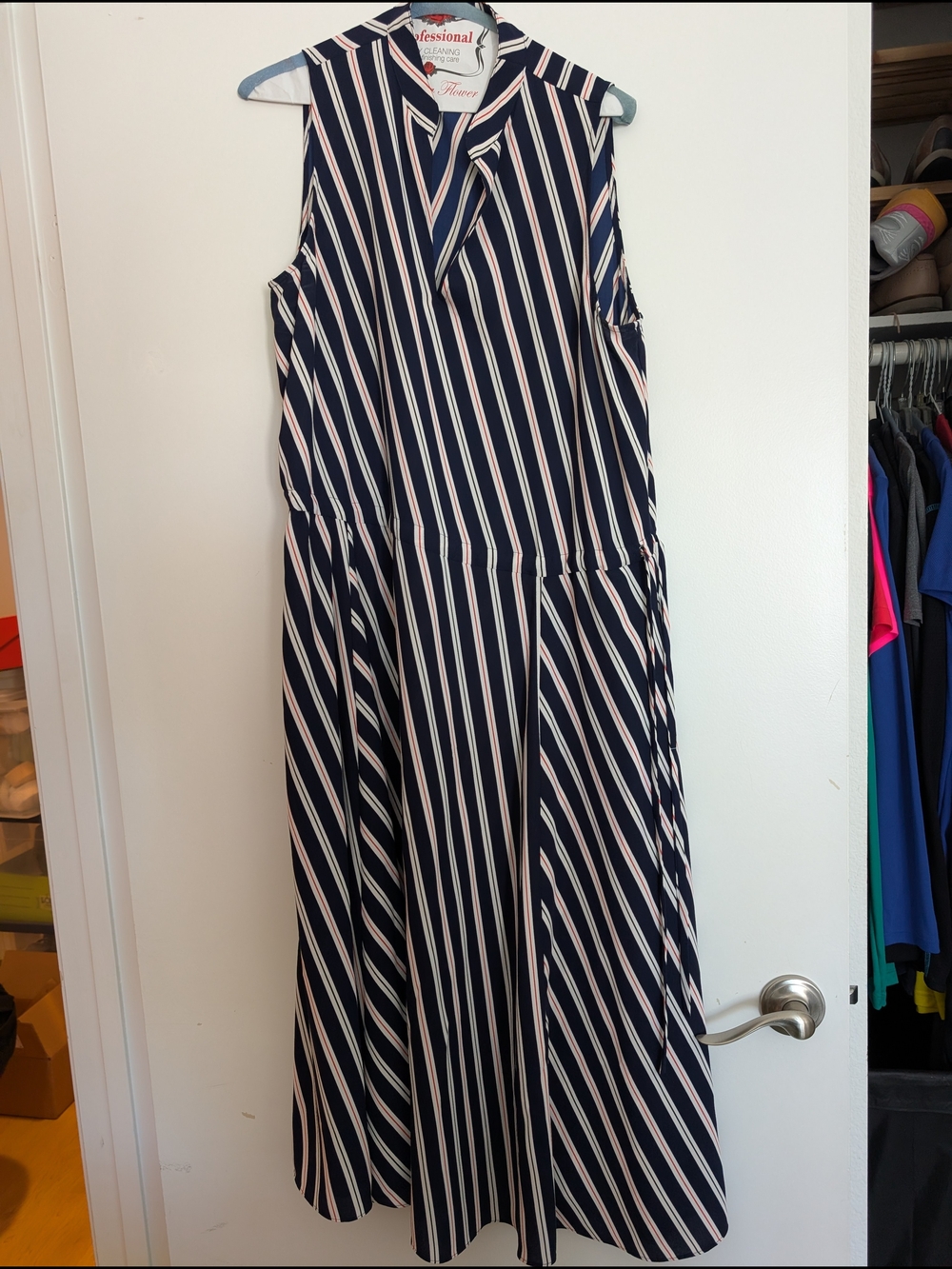 Anne Klein Navy Blue and White Striped Maxi Dress